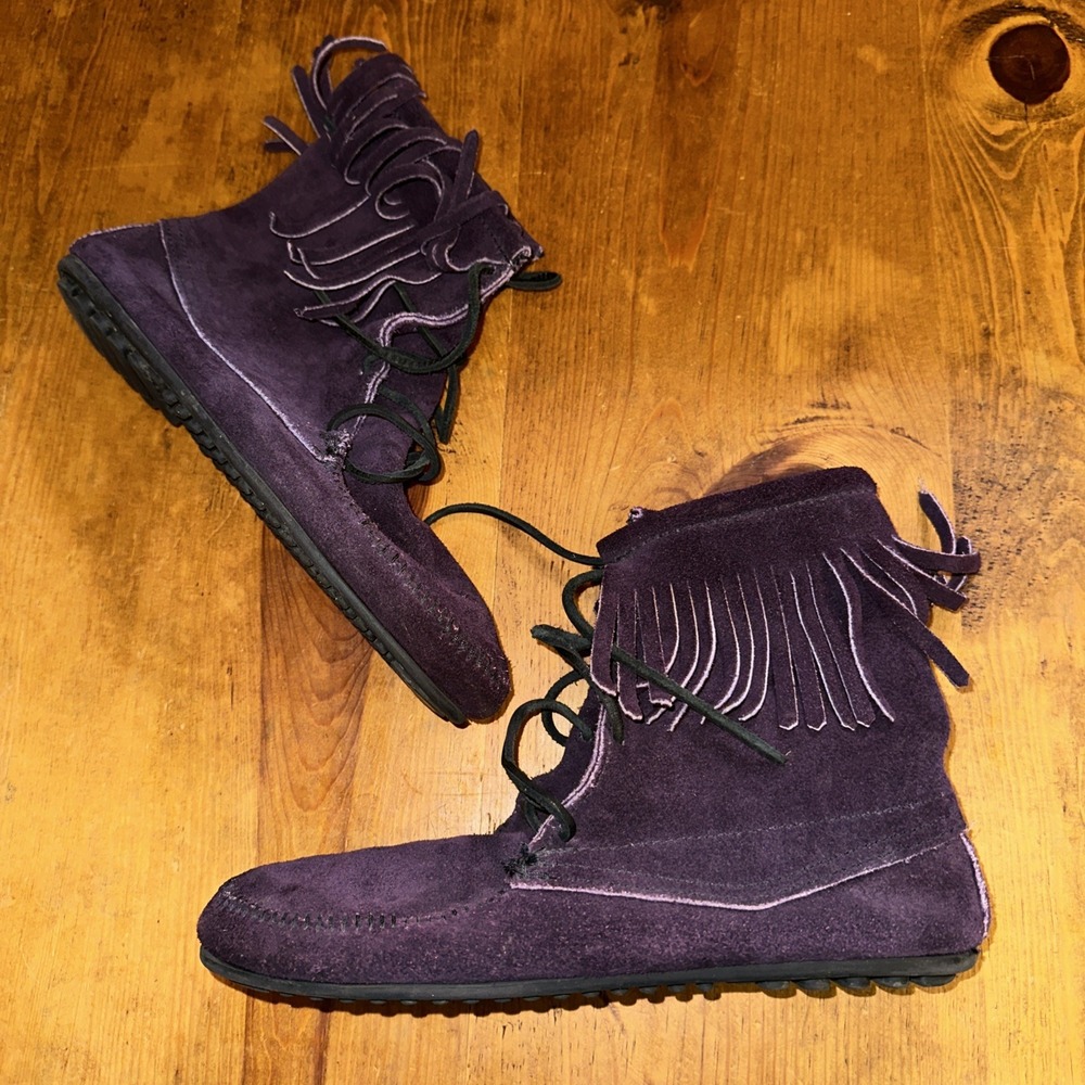 Minnetonka Womens Fringe Suede Ankle Boots Booties Lace Up Size 9